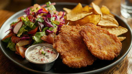 A vibrant plate featuring fried meat, fresh salad, and crispy chips, beautifully arranged for an inviting dining experience. Ideal for food lovers.の素材