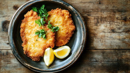 Savor the rich flavors of Cotoletta alla Milanese, perfectly breaded and fried, served on a rustic plate with fresh herbs and lemon wedges.の素材