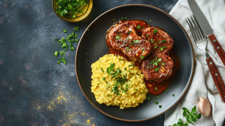 Captivating overhead view of a succulent osso buco served with creamy risotto, garnished with fresh herbs, perfect for culinary enthusiasts and food lovers.の素材