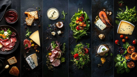 Explore a captivating collage of European dishes, showcasing a vibrant variety of appetizers, salads, and cheeses beautifully arranged for culinary delight.の素材