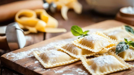 A close-up of freshly made ravioli arranged on a wooden board, dusted with flour, highlighting the rustic charm of homemade Italian cuisine. Perfect for cooking enthusiasts.の素材