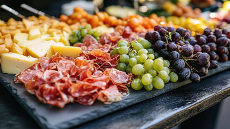 A vibrant gourmet food tray featuring an overflowing assortment of fresh cheeses, meats, and colorful fruits, perfect for parties and gatherings.の素材