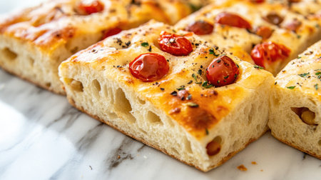 This close-up image showcases a freshly sliced focaccia topped with cherry tomatoes and herbs, highlighting its golden crust and soft texture, perfect for any meal.の素材