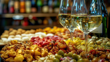 A vibrant arrangement of cicchetti snacks paired with elegant wine glasses, perfect for any gathering or special occasion. Enjoy the rich diversity of flavors!の素材