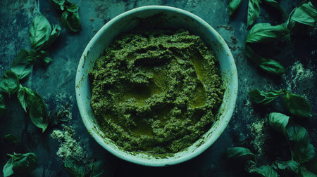 A close-up shot of creamy green pesto placed in a white bowl, surrounded by fresh basil leaves, showcasing a vibrant and appetizing presentation perfect for culinary use.の素材