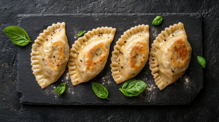 A close-up overhead view of freshly made ravioli arranged elegantly on a slate board, garnished with basil leaves. Perfect for food photography or culinary presentations.の素材