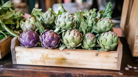 A vibrant close-up of freshly picked artichokes in a wooden basket, showcasing their rich colors and textures, perfect for healthy meals or culinary displays.の素材