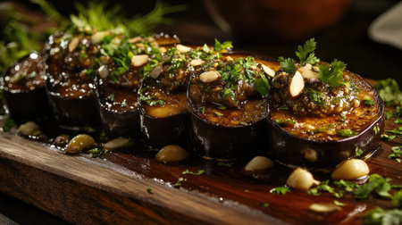 A creative presentation of eggplant slices garnished with fresh herbs and spices, served on a wooden board, showcasing vibrant colors and textures.の素材