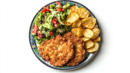 Enjoy a crispy fried meat cutlet served with a fresh, vibrant salad and crunchy chips. A perfect meal for lunch or dinner, combining flavor and freshness.の素材