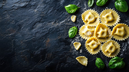 A stunning arrangement of traditional meat ravioli on a dark slate background, complemented by fresh basil leaves. Ideal for culinary and food photography.の素材
