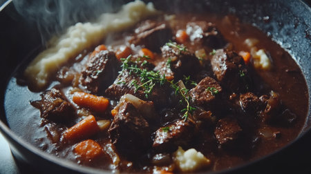 A delicious and hearty beef bourguignon served in a skillet, showcasing tender meat and vibrant vegetables, perfect for comforting home cooked meals.の素材
