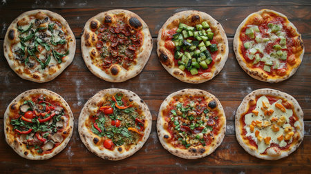 Discover a beautiful array of gourmet pizzas arranged on a rustic wooden table, showcasing vibrant toppings and fresh ingredients perfect for any culinary enthusiast.の素材