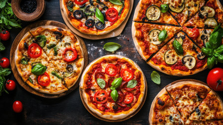 A delightful collection of gourmet pizzas showcasing various toppings and vibrant colors, perfect for food lovers and culinary enthusiasts.の素材