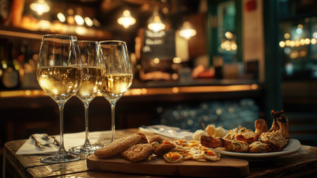 Enjoy a cozy dining scene featuring elegant glasses of wine paired with a variety of delicious appetizers, perfect for an inviting evening atmosphere.の素材