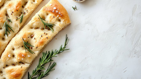 A delectable image of freshly sliced focaccia, adorned with aromatic herbs, perfect for showcasing culinary creations or bread recipes. Ideal for food-related projects.の素材