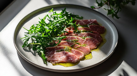 A beautifully arranged gourmet dish of Vitello Tonnato, featuring thin slices of meat drizzled with olive oil and garnished with fresh herbs, perfect for elegant dining.の素材