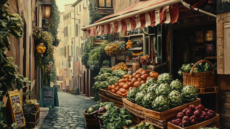 A vibrant street scene showcasing a market filled with fresh vegetables and fruits. Artichokes and colorful produce line the stalls in a picturesque alley.の素材