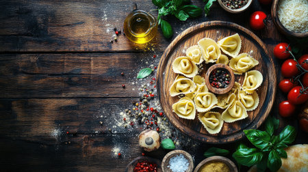 Discover a beautiful arrangement of freshly cooked tortellini served on a wooden table, surrounded by vibrant ingredients like tomatoes, basil, and spices.の素材