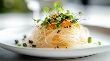 A beautifully plated gourmet dish featuring delicate noodles topped with fresh herbs and vibrant garnishes, perfect for upscale dining or culinary events.の素材