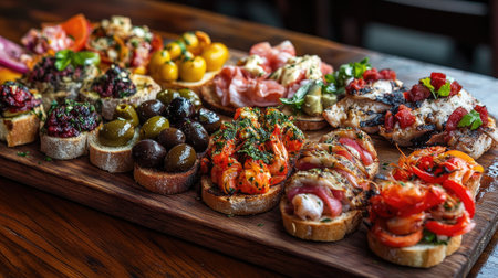 An enticing arrangement of colorful cicchetti on a rustic wooden board, showcasing Italian appetizers garnished with fresh herbs and vibrant ingredients. Perfect for dining.の素材