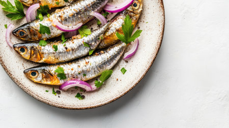 A close-up image of golden sardines served with fresh onion and parsley on a textured plate, perfect for culinary experiences or healthy meals.の素材