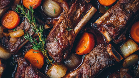 Indulge in a close-up view of succulent beef ribs cooked in bourguignon style, featuring vibrant vegetables and aromatic herbs in a rich, savory broth.の素材