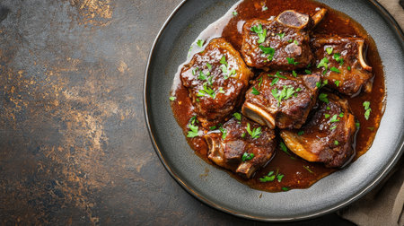 Enjoy a plate of osso buco featuring tender meat in a rich sauce. This comforting dish is garnished with fresh herbs, perfect for any dining occasion.の素材