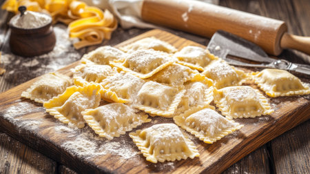 A vibrant display of freshly made ravioli on a wooden board, dusted with flour, showcasing the handcrafted pasta. Perfect for culinary inspiration.の素材