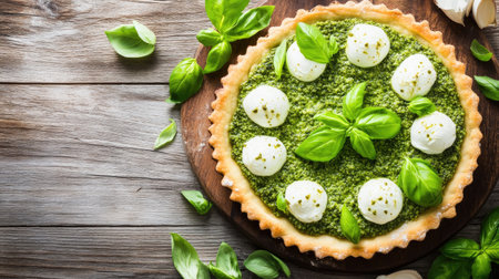 A freshly baked Pinsa Romana topped with basil, mozzarella, and pesto. Perfect for a delicious snack or a gourmet meal, showcasing vibrant colors and textures.の素材
