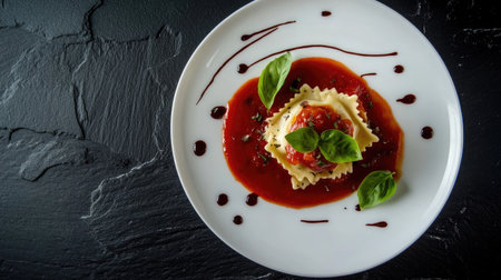 This elegant dish features a portion of ravioli topped with rich tomato sauce and fresh basil, perfectly presented on a sleek white plate. Ideal for culinary showcases.の素材