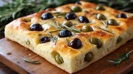 A delicious and inviting olive focaccia featuring fresh herbs, showcasing a golden crust and vibrant colored olives, perfect for any meal or gathering.の素材