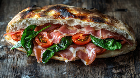 This focaccia sandwich is filled with savory cured meat, fresh spinach, and ripe tomatoes, showcasing a delightful combination of flavors and textures. Perfect for any meal!の素材