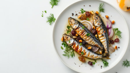 A beautifully arranged plate of grilled sardines garnished with fresh herbs and spices, perfect for a healthy meal or gourmet dining experience.の素材