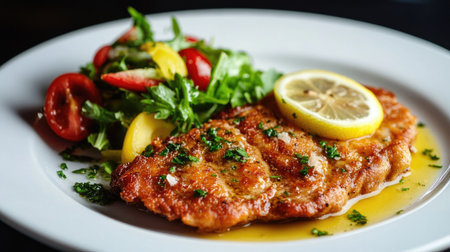 A beautifully arranged veal dish served on a white plate, garnished with fresh salad and lemon slices. Perfect for showcasing Italian cuisine.の素材