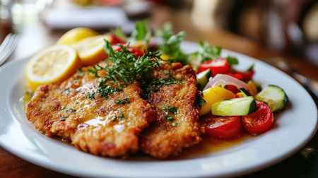 A beautifully presented plate of veal, accompanied by fresh vegetables and lemon slices. This vibrant dish is perfect for any dining experience, showcasing delicious flavors.の素材