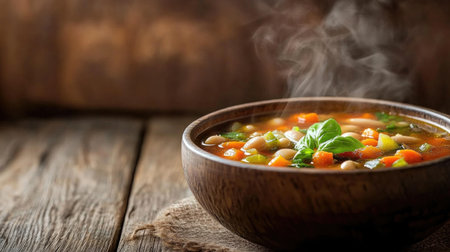 Enjoy a delicious steaming bowl of minestrone soup filled with vibrant vegetables. Perfect for a cozy meal, this healthy dish warms the soul.の素材