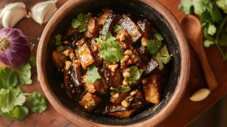 A rustic tabletop setting featuring an appetizing dish made with fresh ingredients, herbs, and spices, perfect for culinary presentations and gatherings.の素材