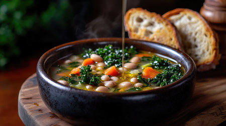 A steaming bowl of ribollita featuring vibrant vegetables and fresh bread, perfect for a cozy meal. This traditional Italian soup highlights healthy ingredients and inviting flavors.の素材