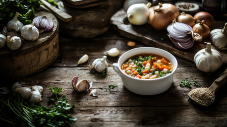 Explore a rustic wooden table adorned with a comforting bowl of vegetable soup, surrounded by fresh ingredients that evoke a warm culinary experience.の素材