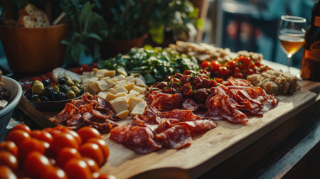 Discover a vibrant charcuterie spread showcasing cicchetti, fresh ingredients, and a delightful arrangement perfect for gatherings and culinary experiences.の素材