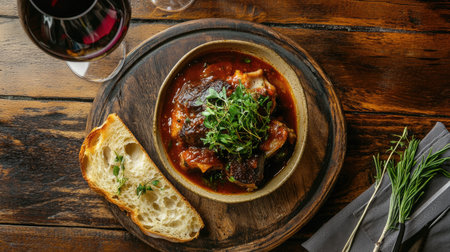 A rustic wooden table setting featuring a delicious osso buco dish, complemented by a glass of red wine and fresh bread, creating a cozy dining experience.の素材