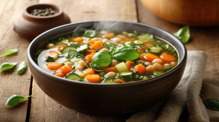 A steaming bowl of minestrone soup filled with fresh vegetables and herbs, offering a healthy, comforting meal. Ideal for showcasing rustic cuisine.の素材