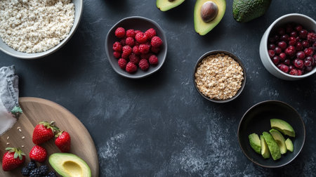 A vibrant flat-lay of nutrient-packed food items including avocado, oats, and various berries. Perfect for promoting healthy eating and meal prep ideas.の素材