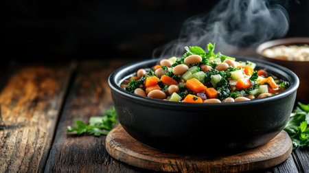 A steaming bowl of ribollita, showcasing vibrant vegetables and beans, perfect for a hearty meal. Ideal for cozy dinners and healthy eating.の素材
