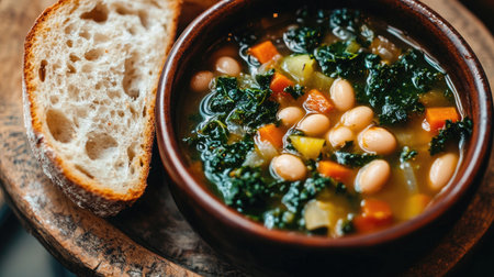 A rustic bowl of ribollita soup filled with colorful vegetables and beans, served with a slice of fresh bread on a wooden table. Perfect for cozy meals.の素材