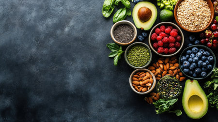 A vibrant arrangement of nutrient-packed food items including avocado, nuts, berries, and greens, perfect for healthy meal preparation and lifestyle choices.の素材