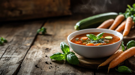 A serene scene featuring a white bowl of fresh vegetable soup garnished with herbs, surrounded by carrots and a rustic wooden backdrop. Perfect for health-focused recipes.の素材