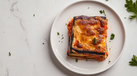 A mouthwatering slice of eggplant parmigiana served on a white plate, showcasing layers of baked eggplant, tomato sauce, and melted cheese. Perfect for an Italian meal!の素材