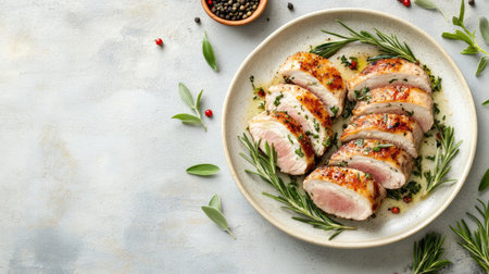 A stylish presentation of saltimbocca alla romana featuring grilled meat garnished with fresh herbs and colorful peppercorns, perfect for culinary inspiration.の素材