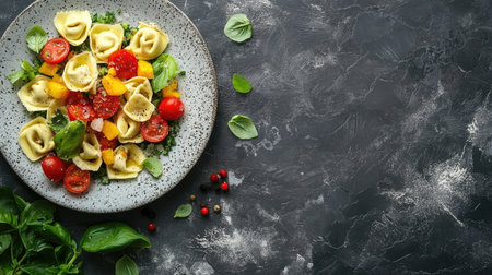 Discover a vibrant salad featuring tortellini, fresh tomatoes, and herbs. Perfectly plated, this dish is both appetizing and healthy, ideal for any meal.の素材